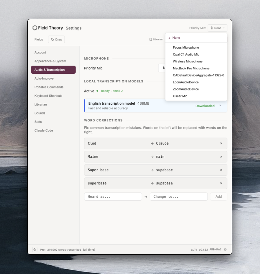 Priority Mic feature showing microphone selection dropdown